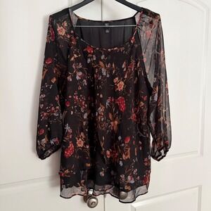 Autres Filles Womens 2X Floral Chiffon Blouse Black Sheer 3/4 Sleeve Scoop Neck